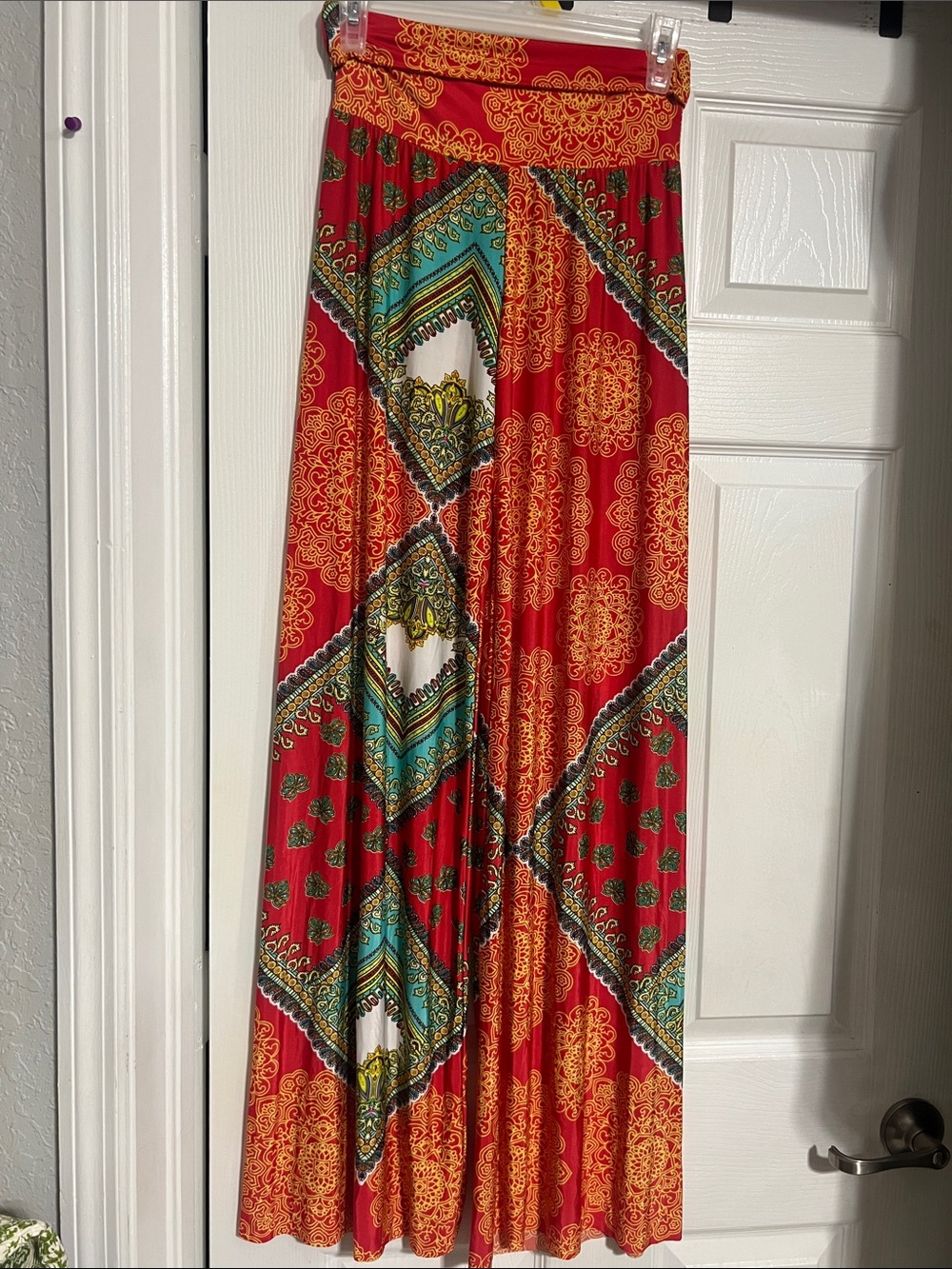 Boho Red Patterned Palazzo Pant with Teal Accents